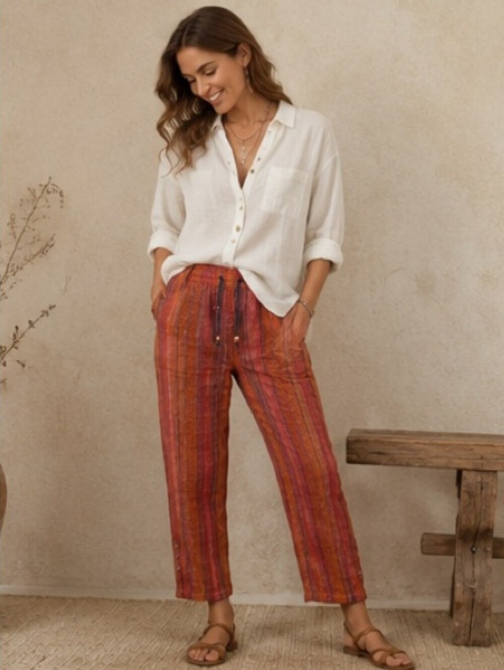 Sundance Boho Striped Beaded Roll Tab Ankle Pull On Pants Orange Lagenlook L